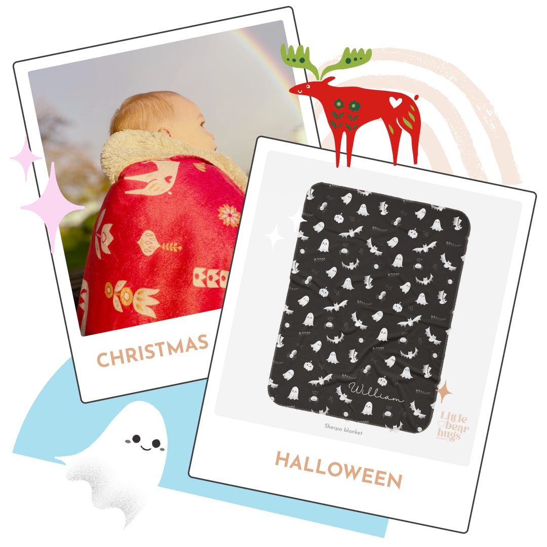 Seasonal Halloween or Christmas Personalized Blankets from Little Bear Hugs Store